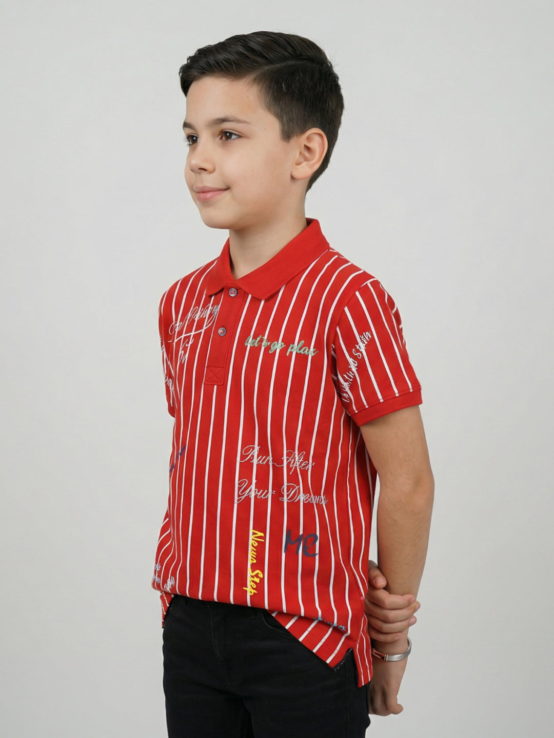 Boys Red Printed Collar Half Sleeve T-Shirt