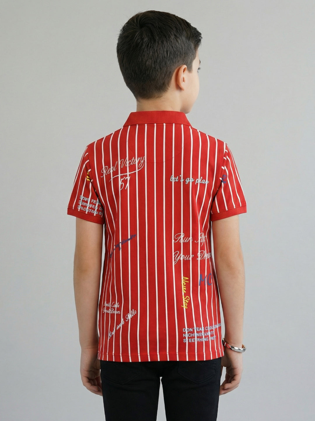 Boys Red Printed Collar Half Sleeve T-Shirt