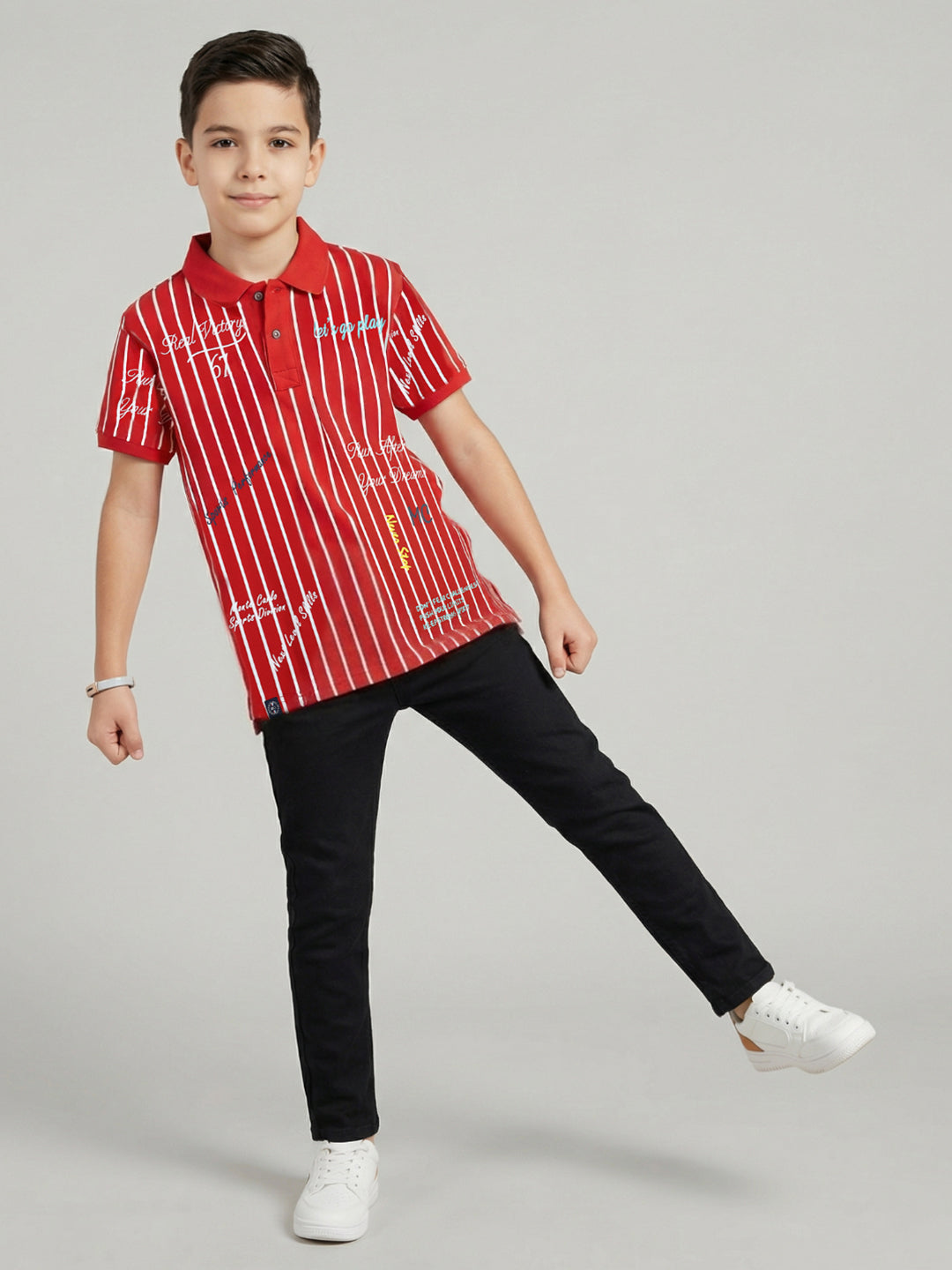 Boys Red Printed Collar Half Sleeve T-Shirt