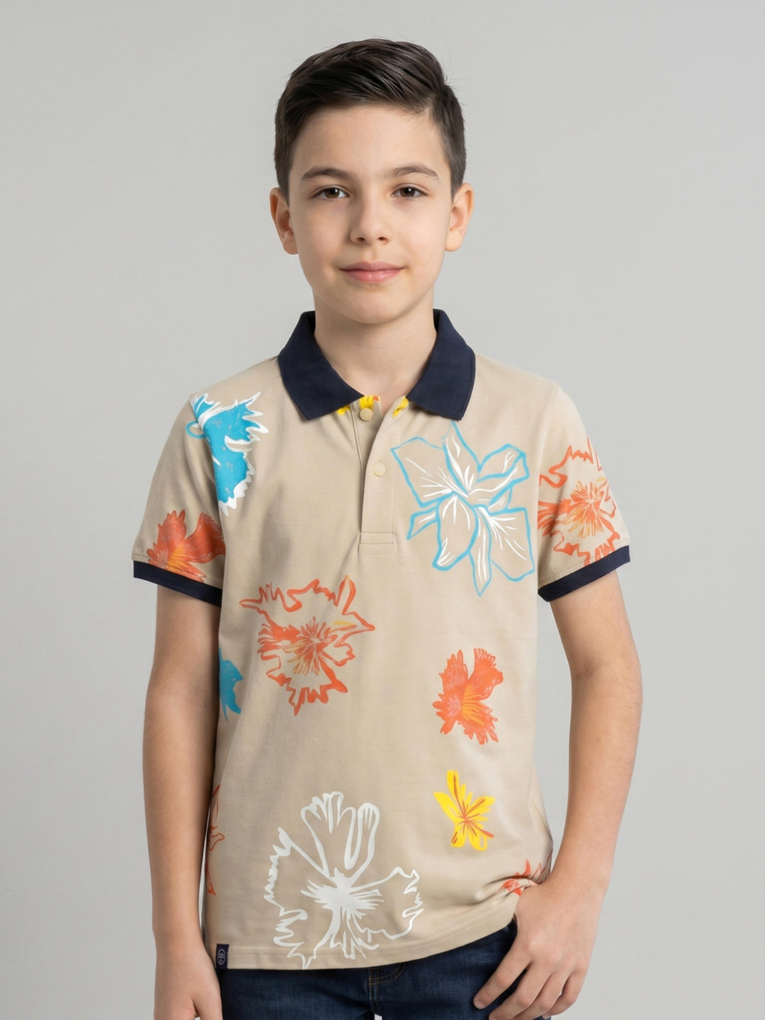 Boys Beige Printed Collar Half Sleeve T-Shirt