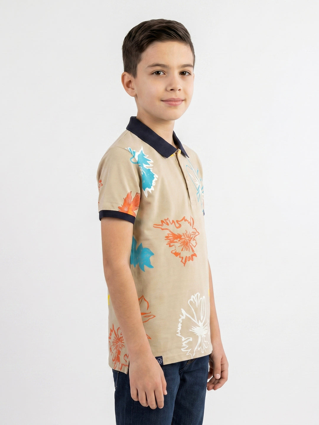 Boys Beige Printed Collar Half Sleeve T-Shirt