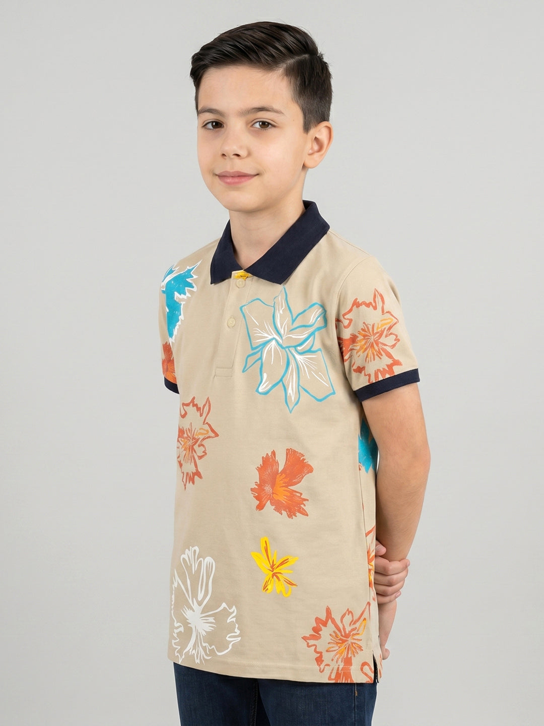 Boys Beige Printed Collar Half Sleeve T-Shirt
