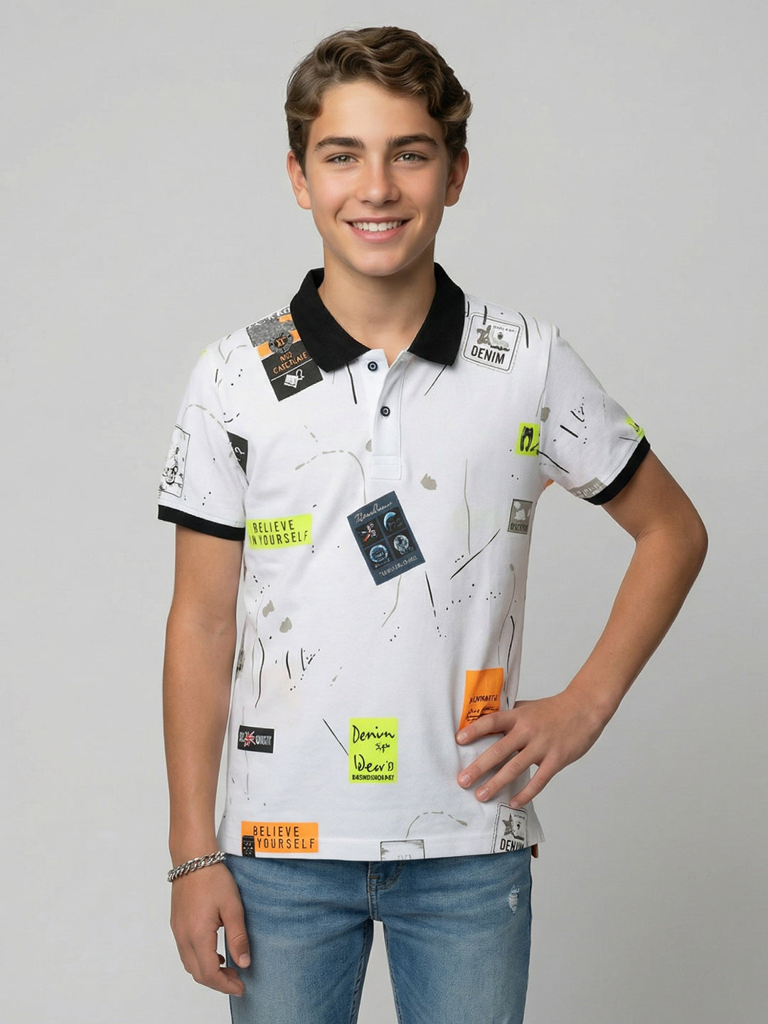 Boys White Printed Polo Collar Half Sleeve T-Shirt