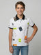 Boys White Printed Polo Collar Half Sleeve T-Shirt