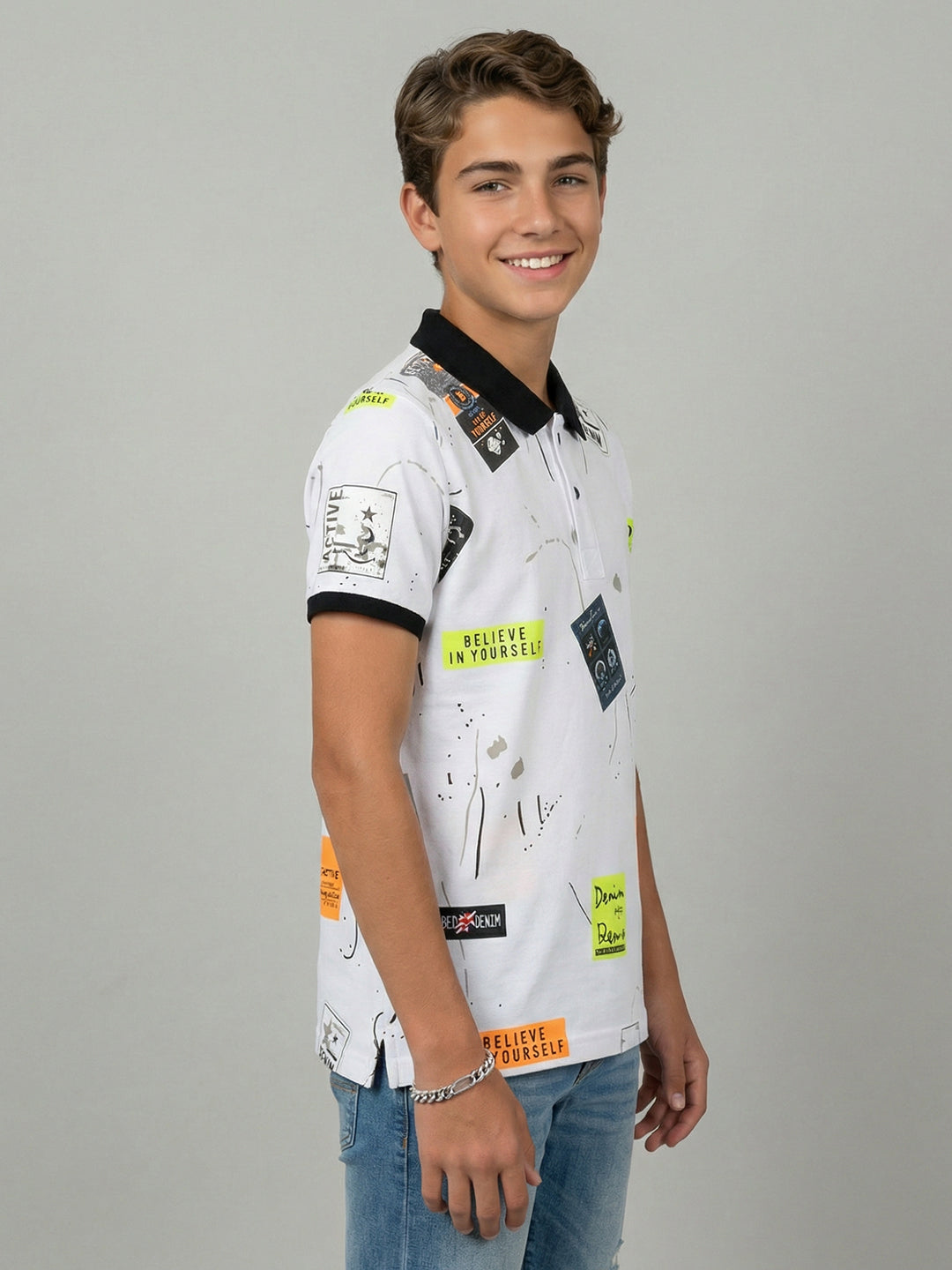 Boys White Printed Polo Collar Half Sleeve T-Shirt