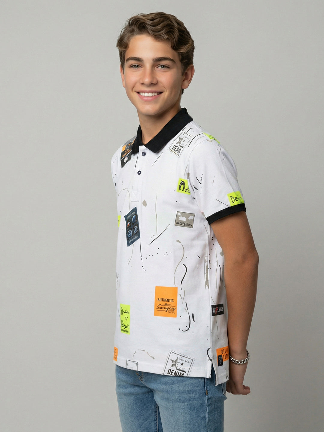 Boys White Printed Polo Collar Half Sleeve T-Shirt