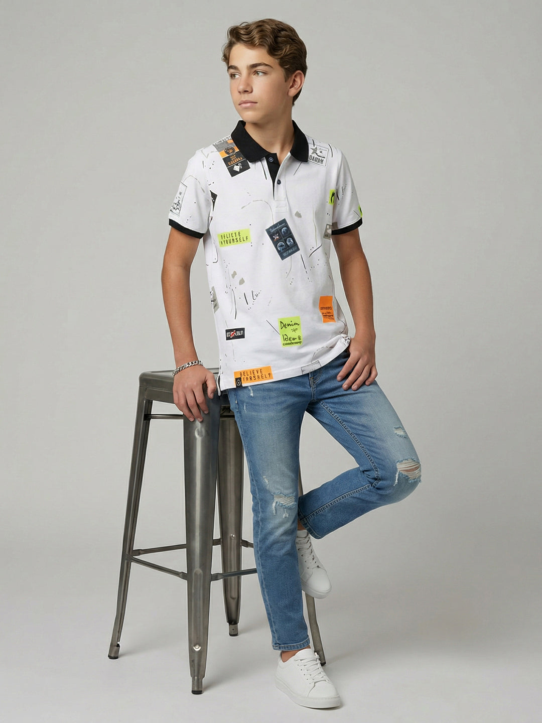 Boys White Printed Polo Collar Half Sleeve T-Shirt