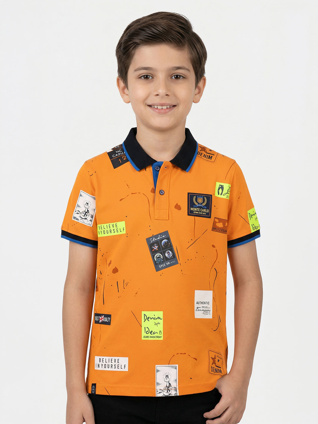 Boys Orange Printed Collar Half Sleeve T-Shirt