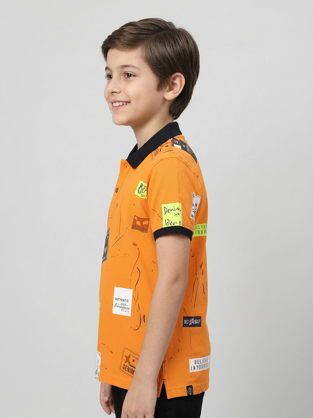 Boys Orange Printed Collar Half Sleeve T-Shirt