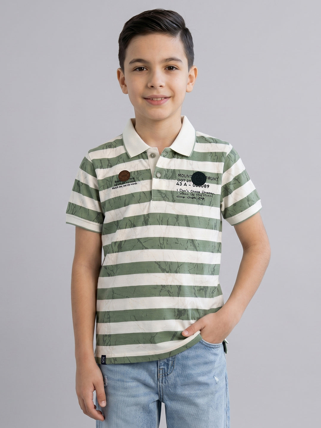 Boys Green Stripe Collar Half Sleeve T-Shirt