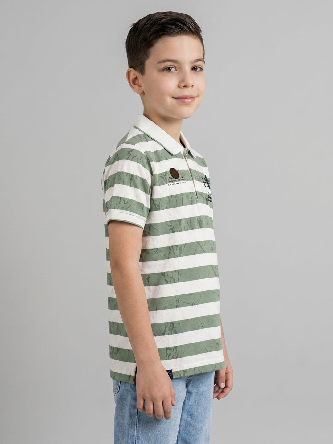 Boys Green Stripe Collar Half Sleeve T-Shirt