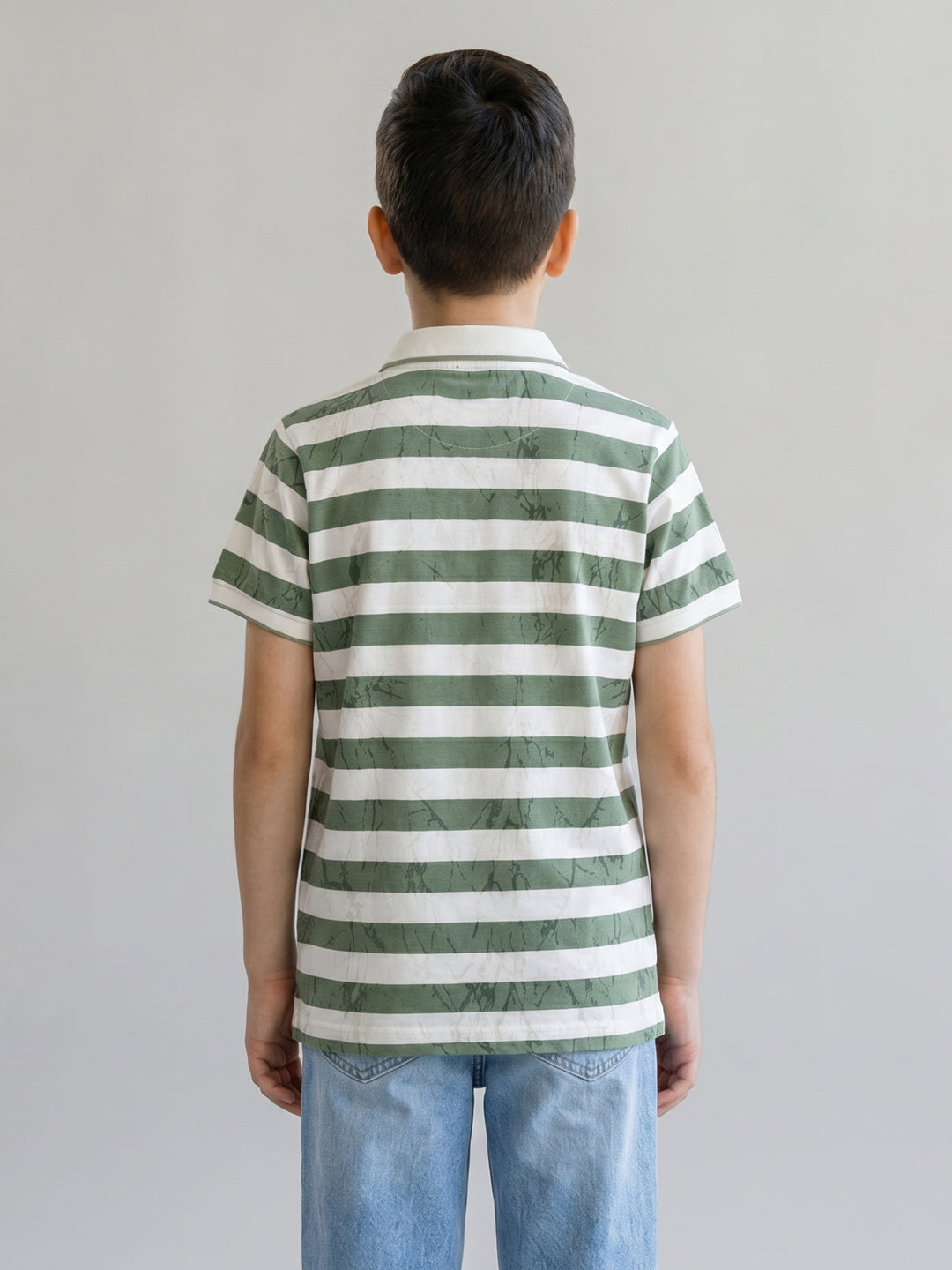 Boys Green Stripe Collar Half Sleeve T-Shirt