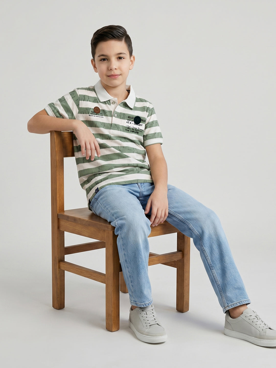Boys Green Stripe Collar Half Sleeve T-Shirt