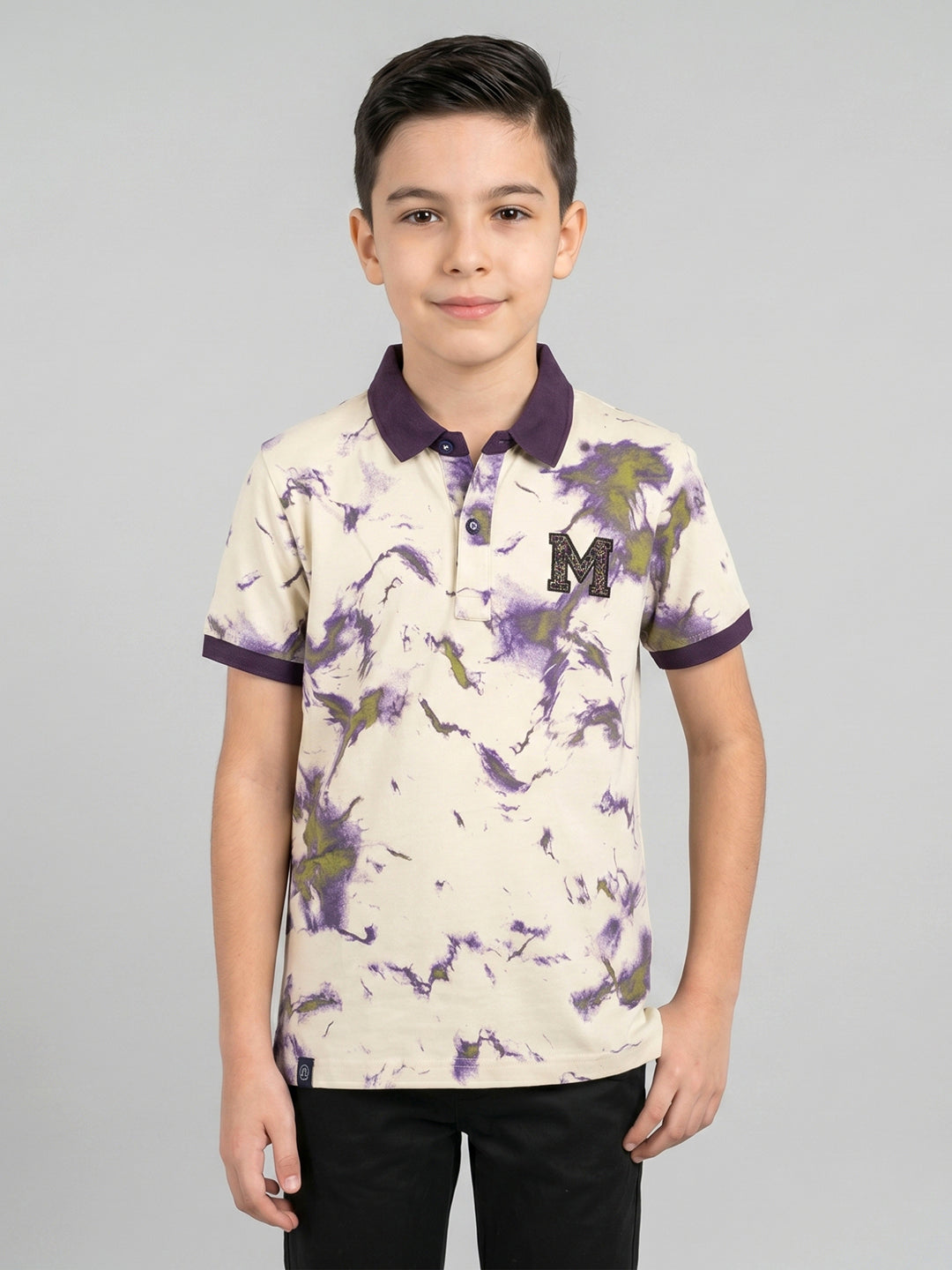 Boys Cream Printed Collar Half Sleeve T-Shirt