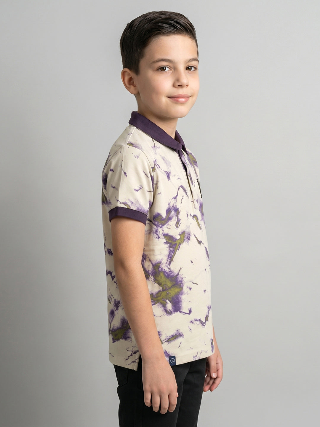Boys Cream Printed Collar Half Sleeve T-Shirt