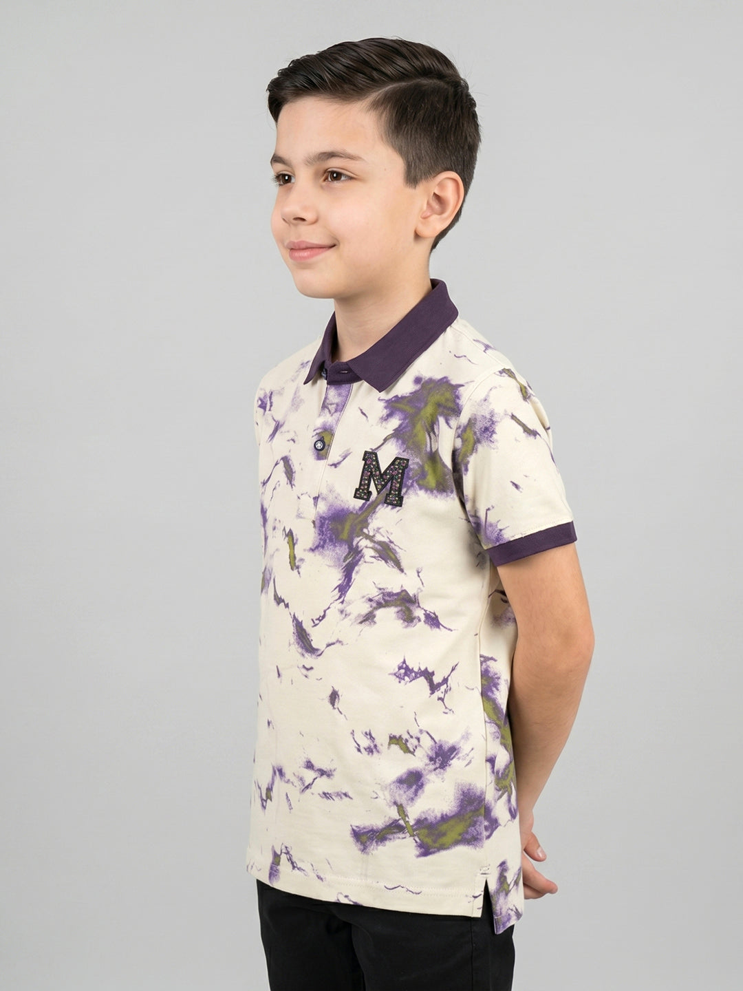 Boys Cream Printed Collar Half Sleeve T-Shirt