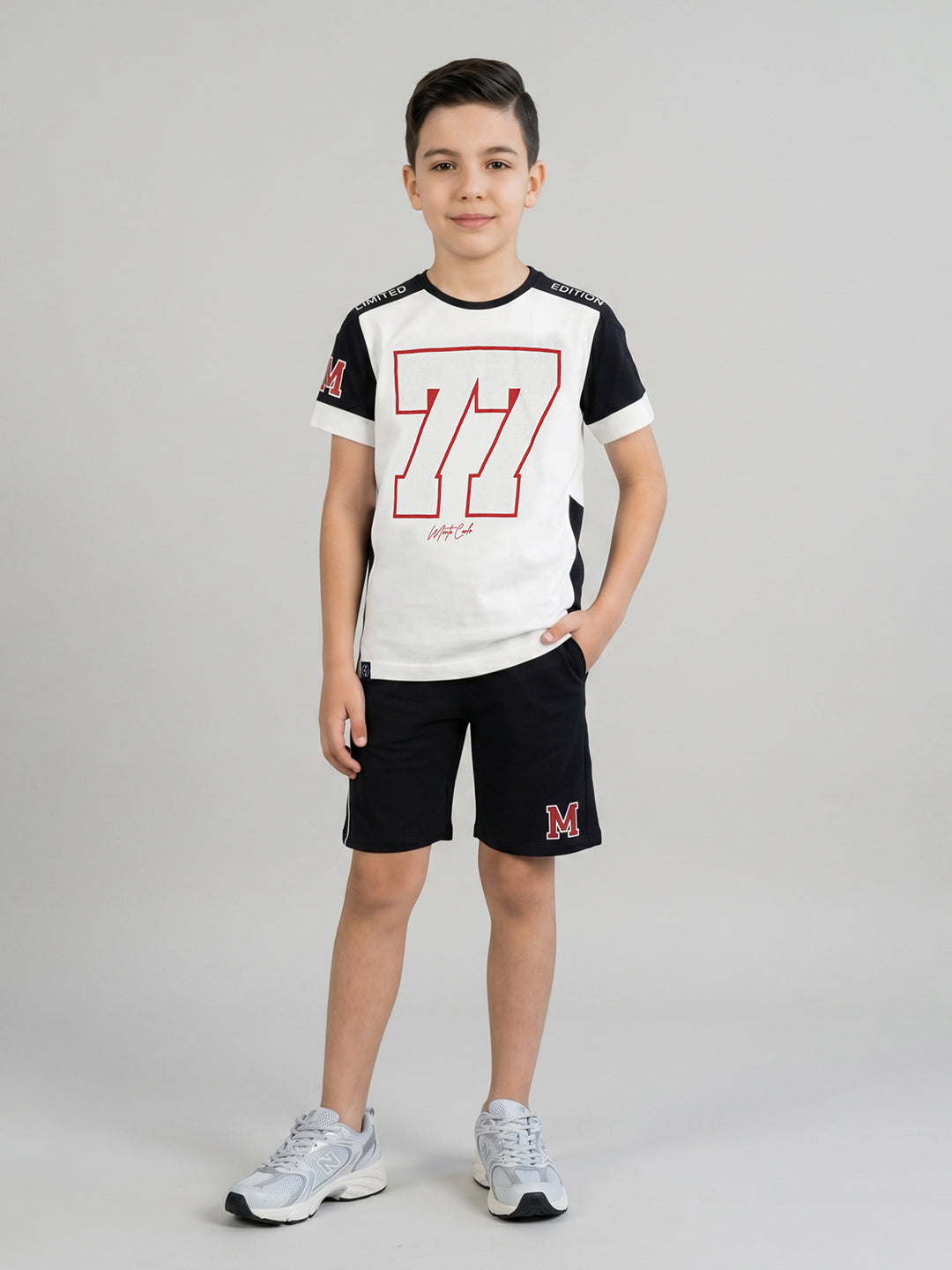 Boys White Printed Round Neck Half Sleeve Bermuda Set