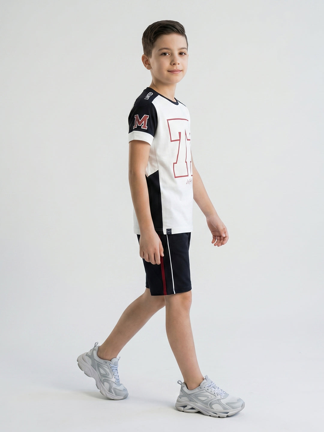 Boys White Printed Round Neck Half Sleeve Bermuda Set