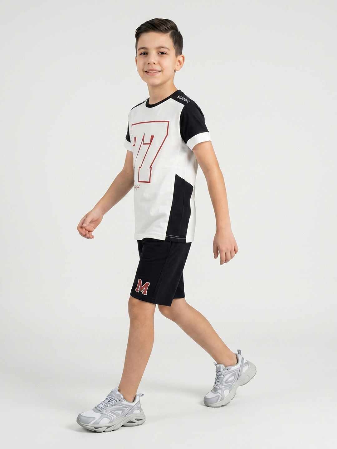 Boys White Printed Round Neck Half Sleeve Bermuda Set