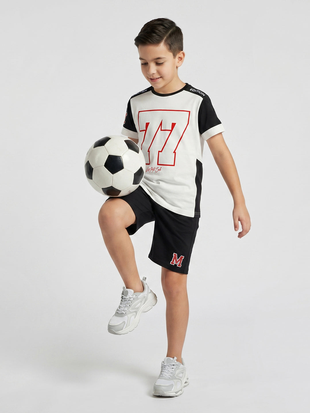 Boys White Printed Round Neck Half Sleeve Bermuda Set