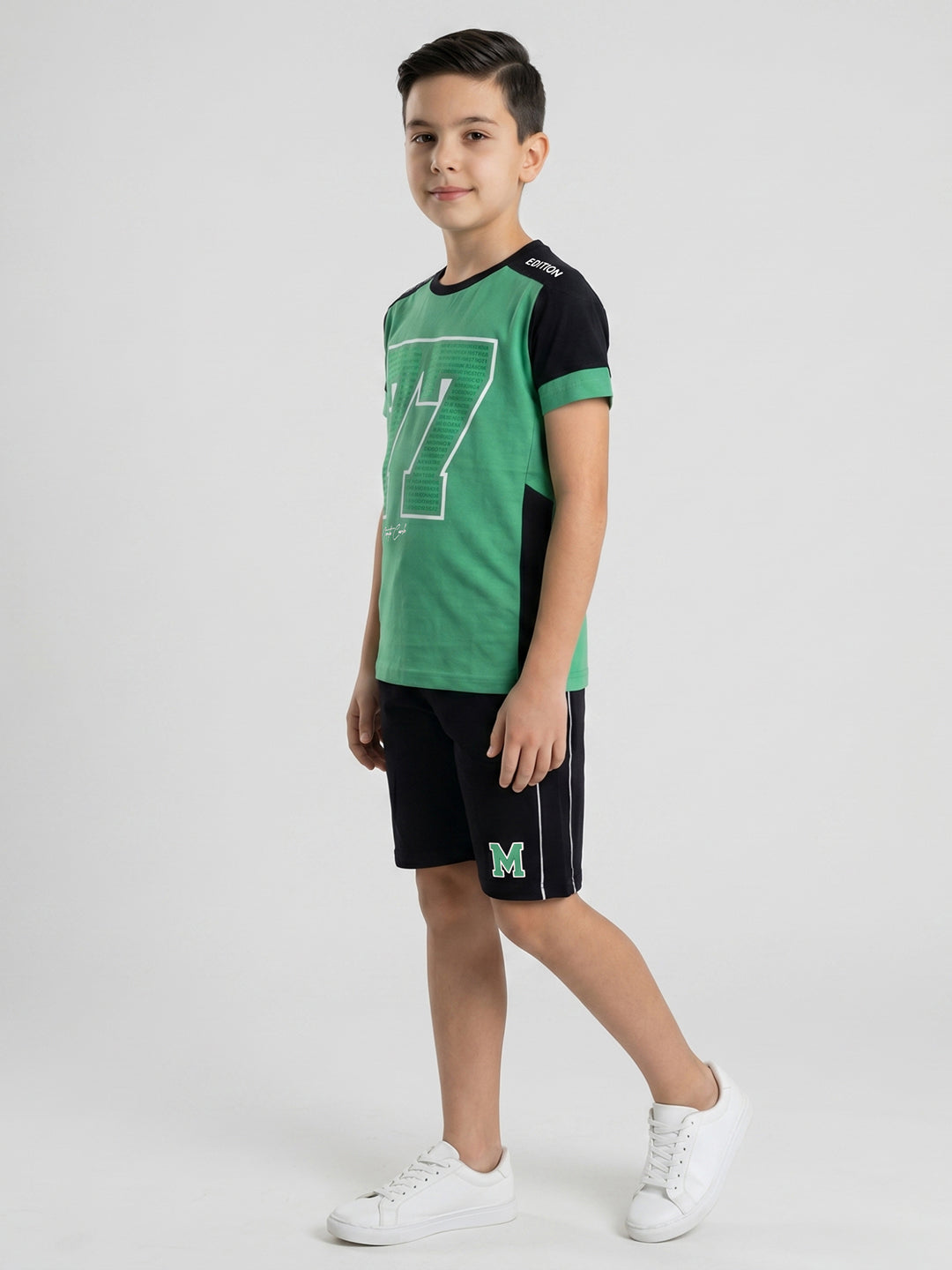 Boys Green Printed Round Neck Half Sleeve Bermuda Set