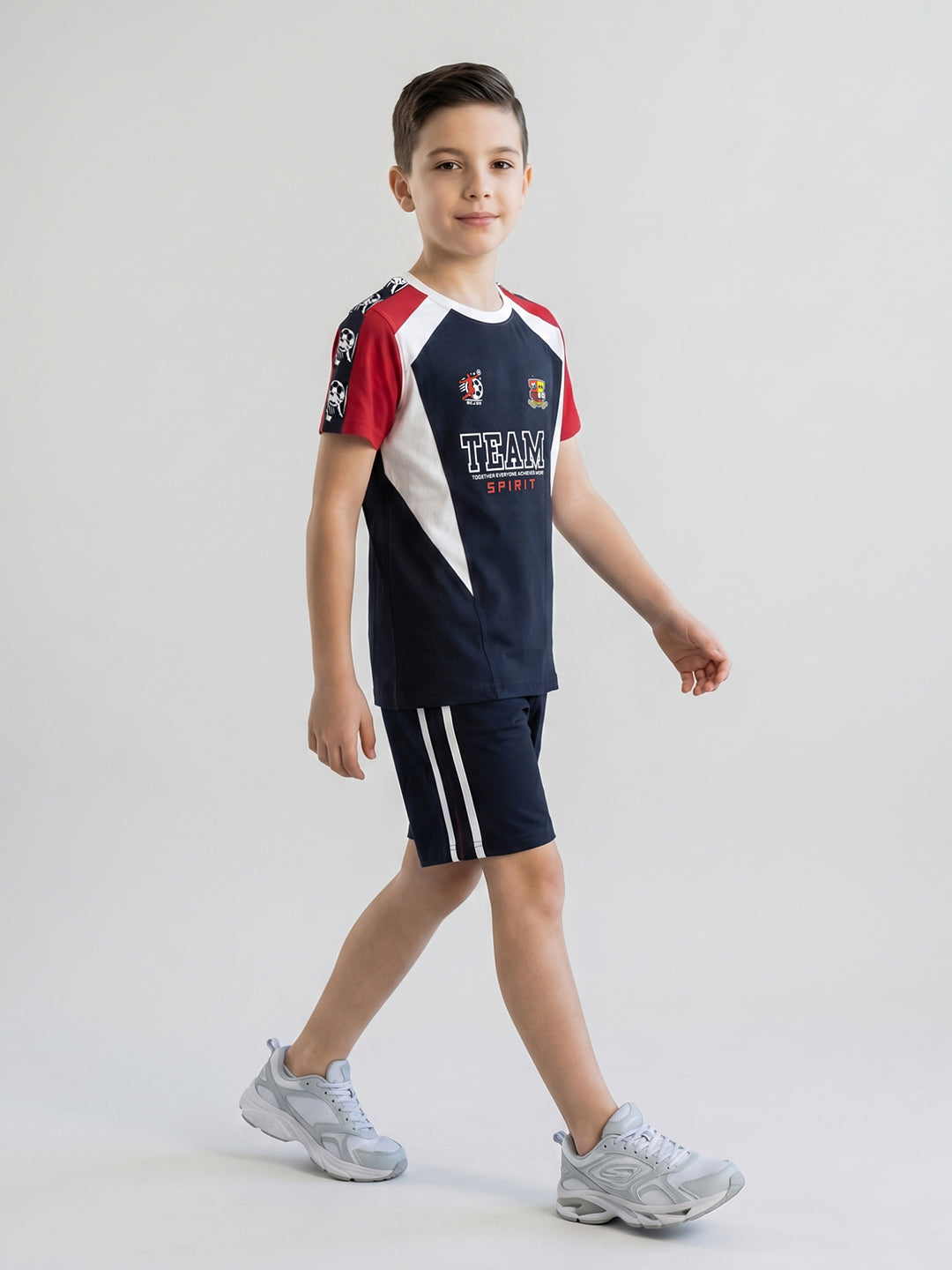 Boys Navy Blue Printed Round Neck Half Sleeve Bermuda Set