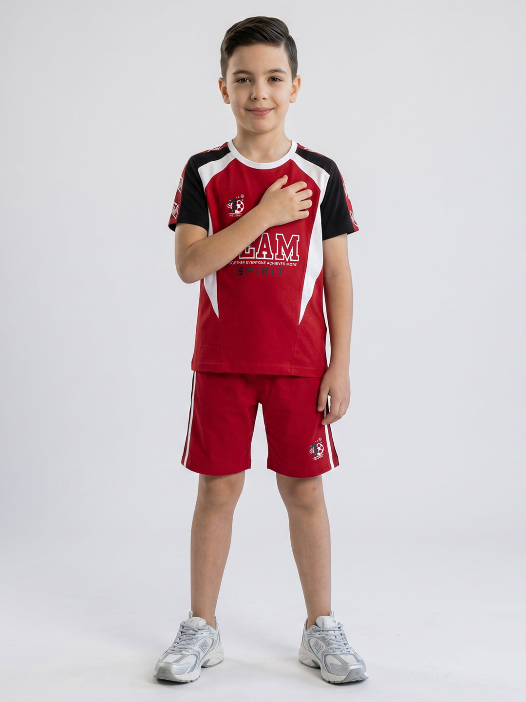 Boys Red Printed Round Neck Half Sleeve Bermuda Set