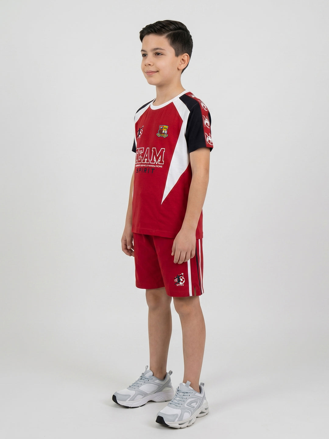 Boys Red Printed Round Neck Half Sleeve Bermuda Set