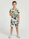 Boys White Printed Round Neck Half Sleeve Cords Set