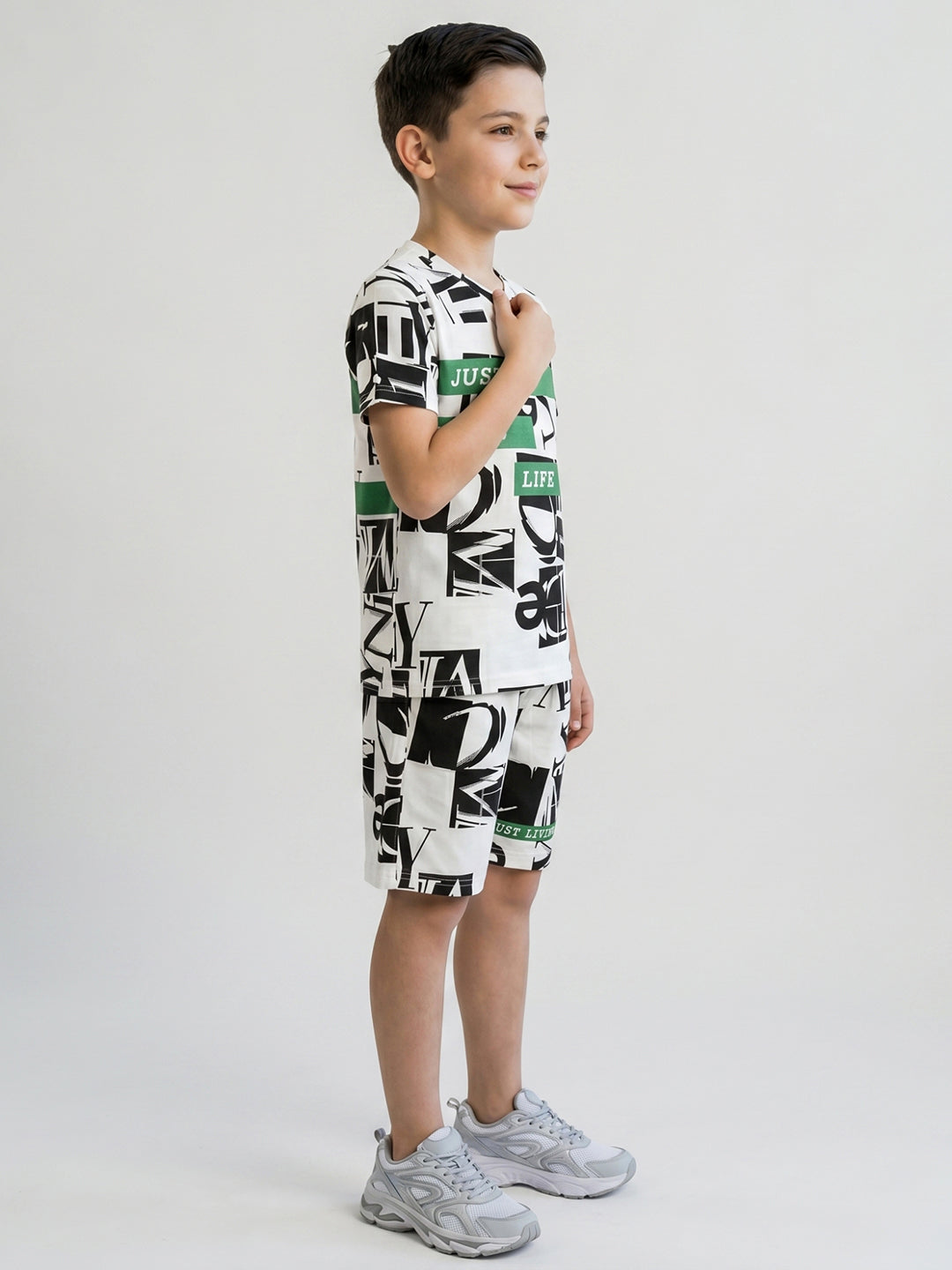 Boys White Printed Round Neck Half Sleeve Cords Set
