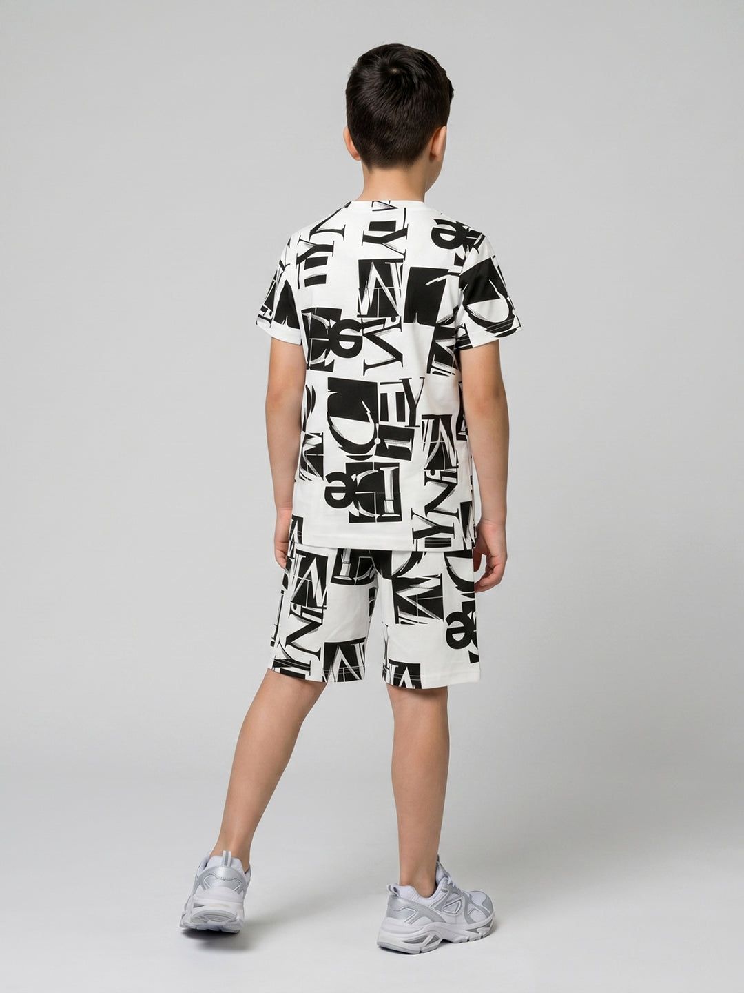 Boys White Printed Round Neck Half Sleeve Cords Set