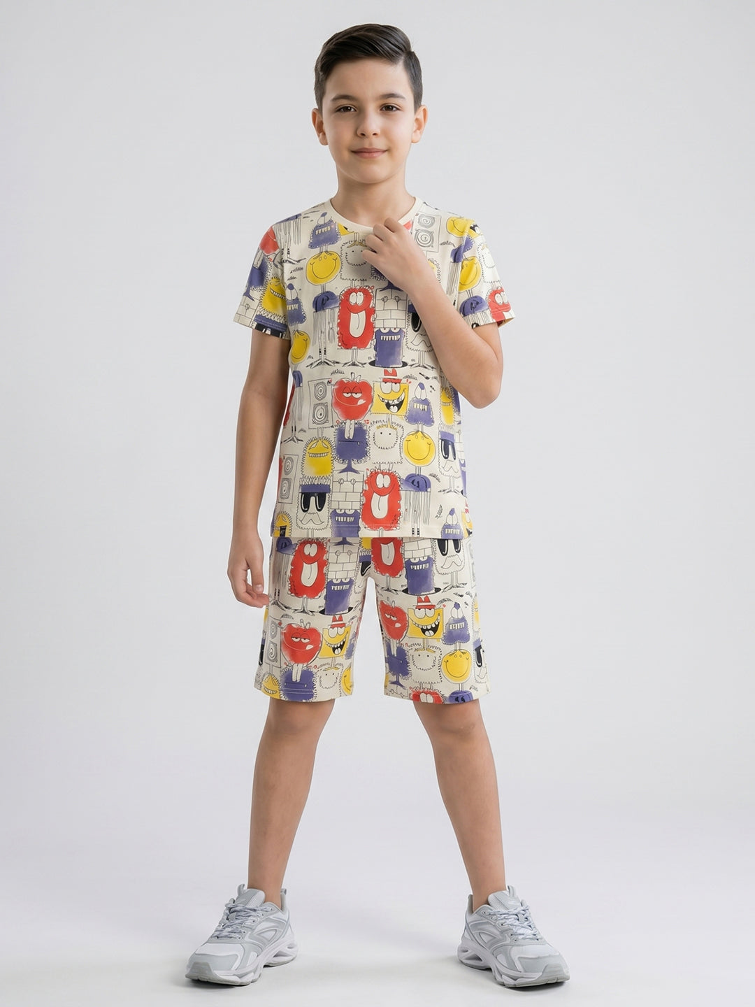 Boys Cream Printed Round Neck Half Sleeve Cords Set
