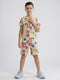 Boys Cream Printed Round Neck Half Sleeve Cords Set