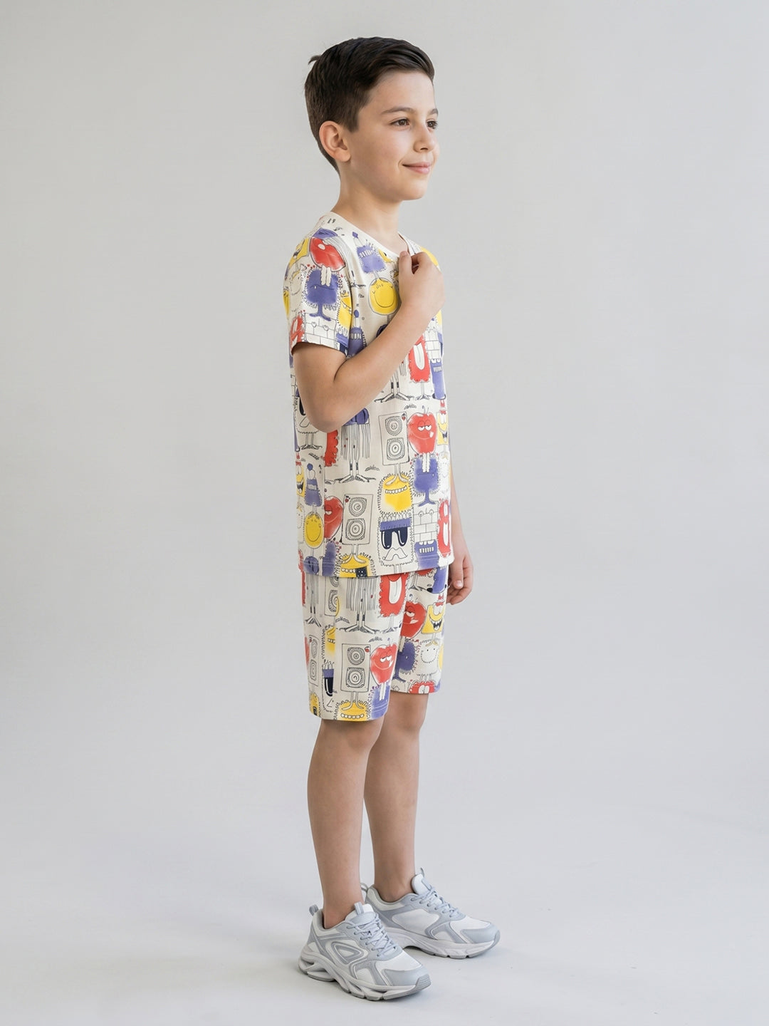 Boys Cream Printed Round Neck Half Sleeve Cords Set