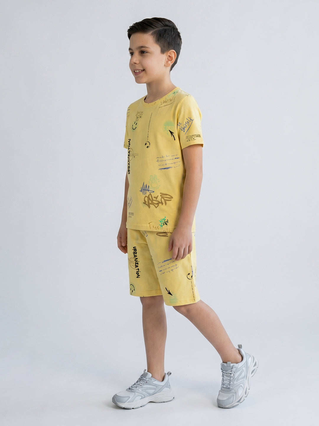 Boys Yellow Printed Round Neck Half Sleeve Cords Set