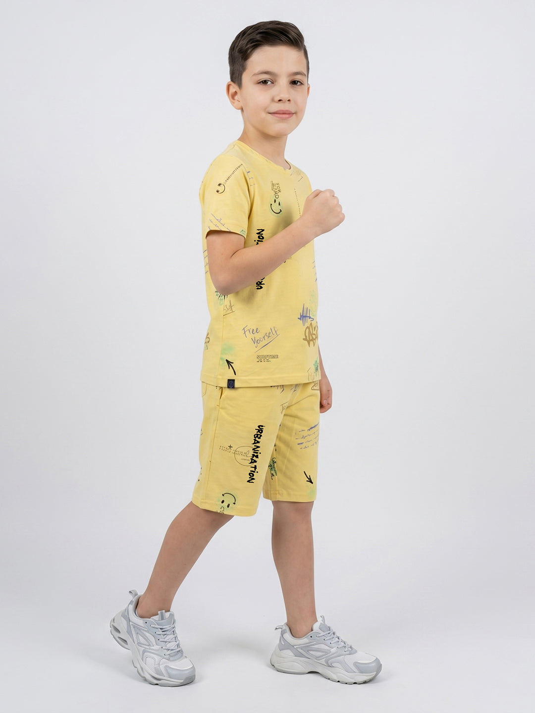 Boys Yellow Printed Round Neck Half Sleeve Cords Set