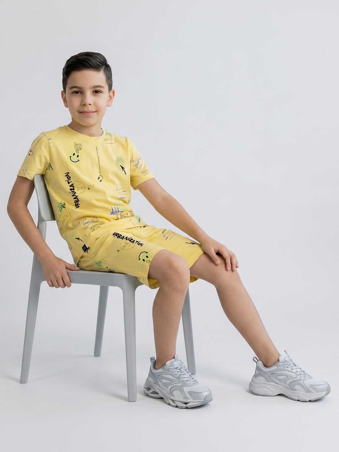Boys Yellow Printed Round Neck Half Sleeve Cords Set