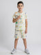 Boys Off White Printed Round Neck Half Sleeve Cords Set