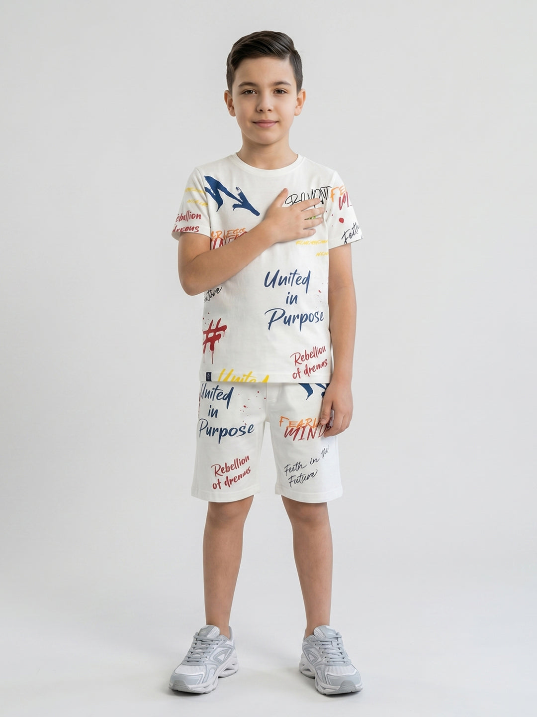 Boys White Printed Round Neck Half Sleeve Cords Set