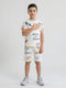 Boys White Printed Round Neck Half Sleeve Cords Set