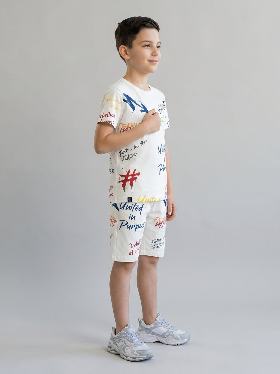 Boys White Printed Round Neck Half Sleeve Cords Set