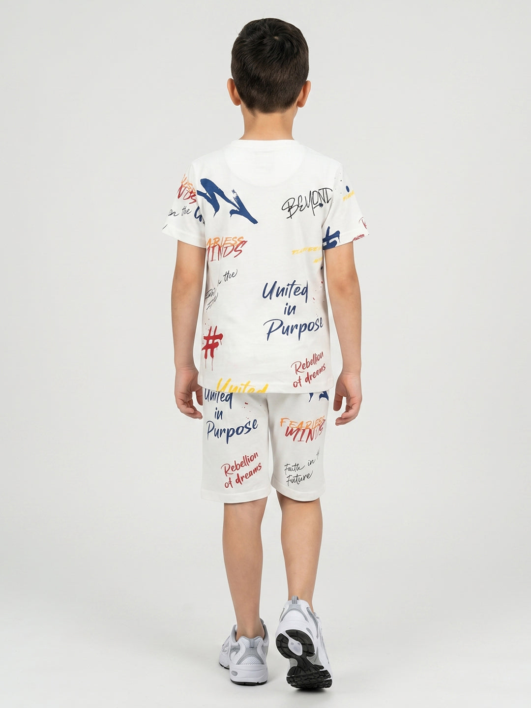Boys White Printed Round Neck Half Sleeve Cords Set
