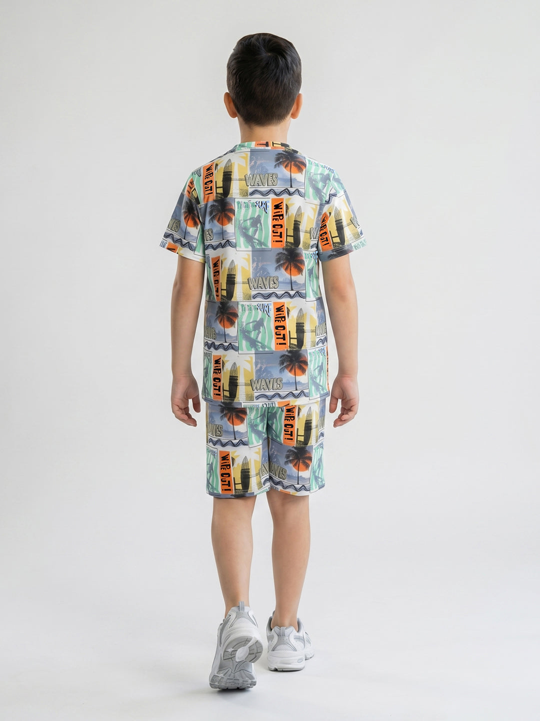 Boys Multicolor Printed Round Neck Half Sleeve Cords Set