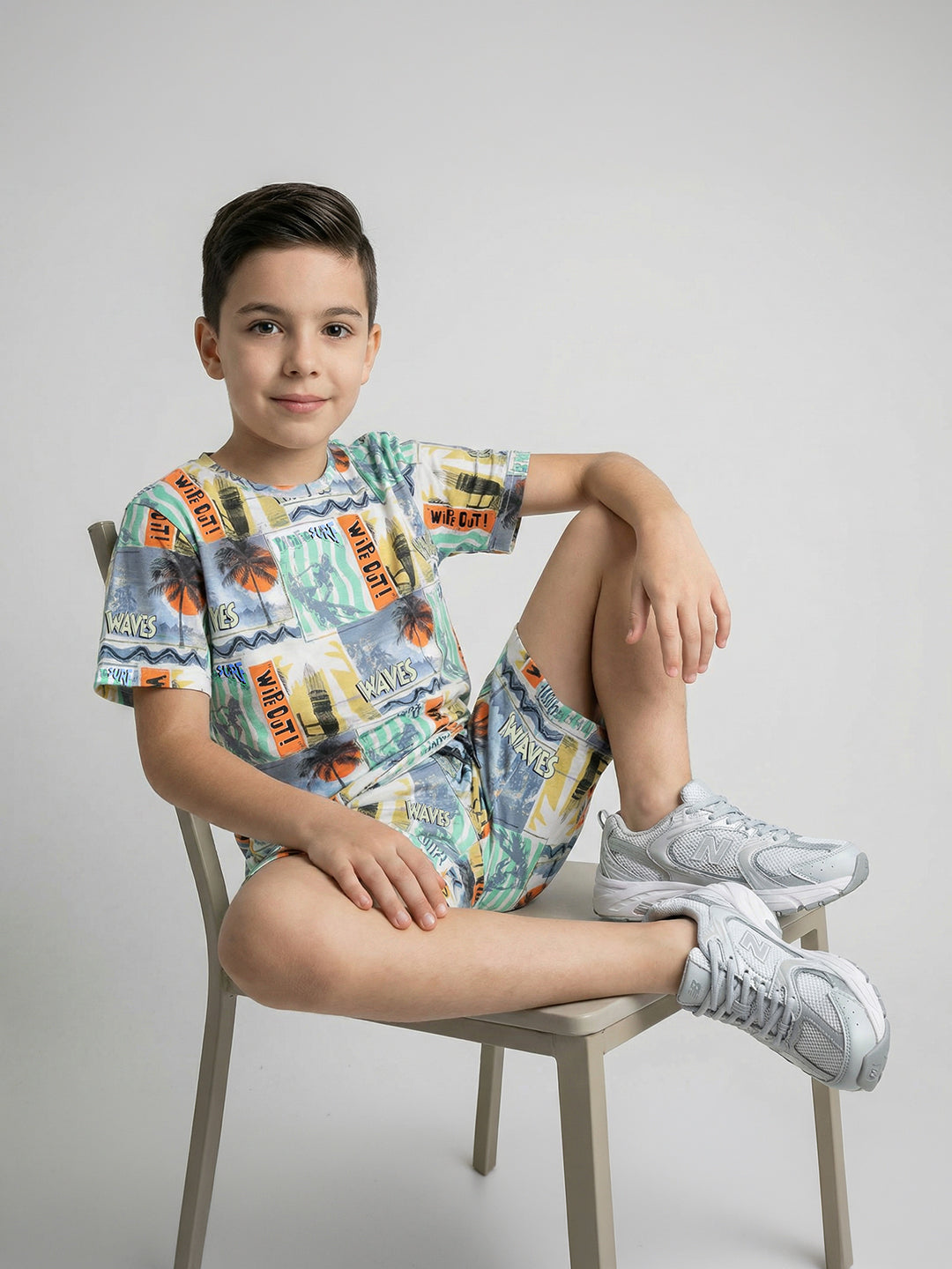 Boys Multicolor Printed Round Neck Half Sleeve Cords Set