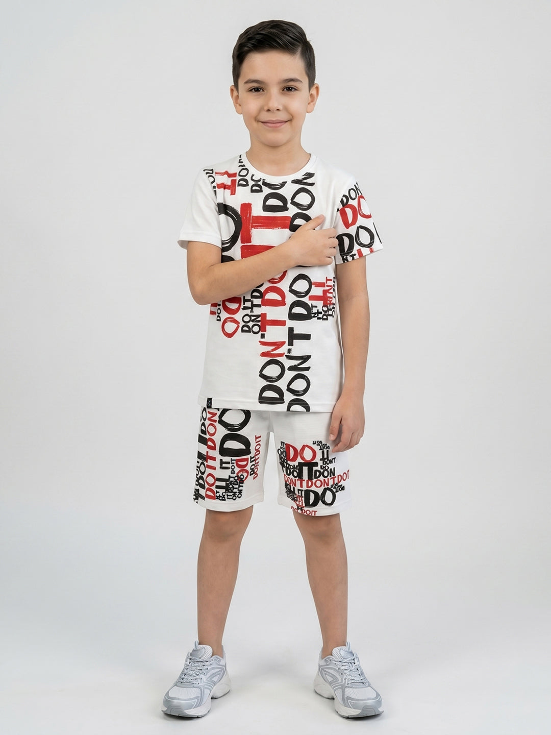 Boys White Printed Round Neck Half Sleeve Cords Set
