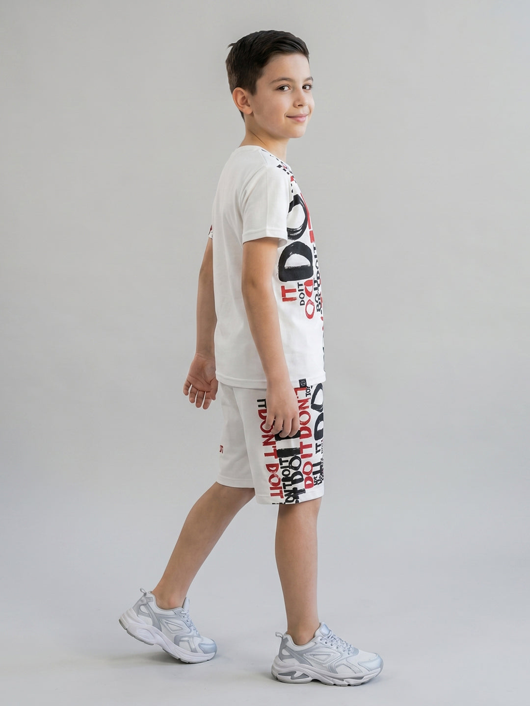 Boys White Printed Round Neck Half Sleeve Cords Set