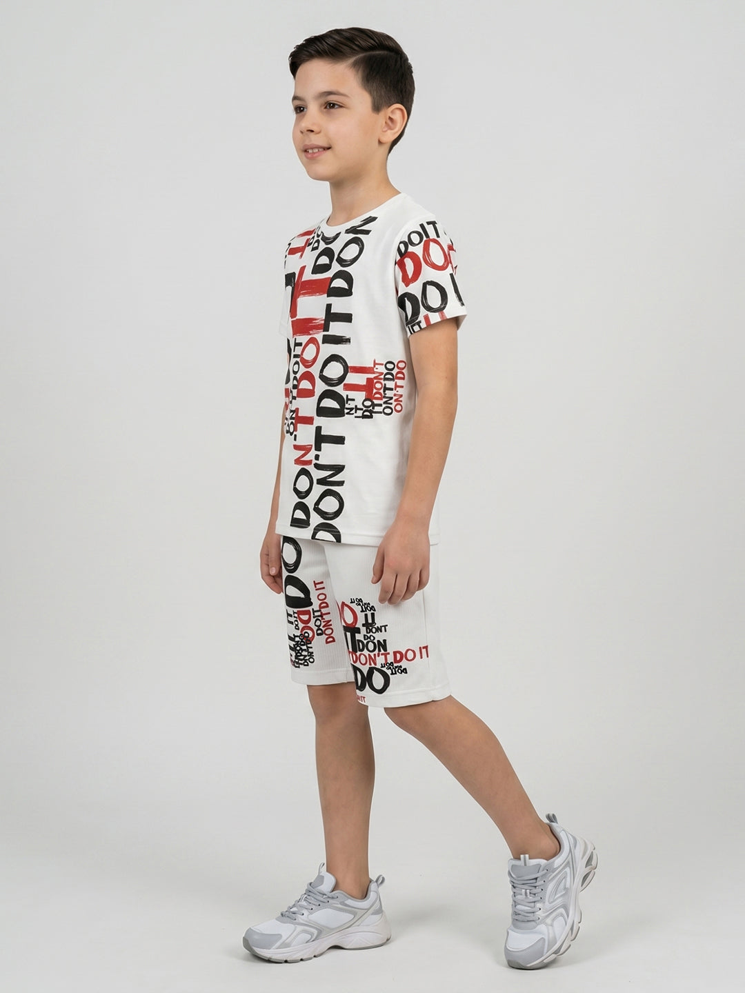 Boys White Printed Round Neck Half Sleeve Cords Set