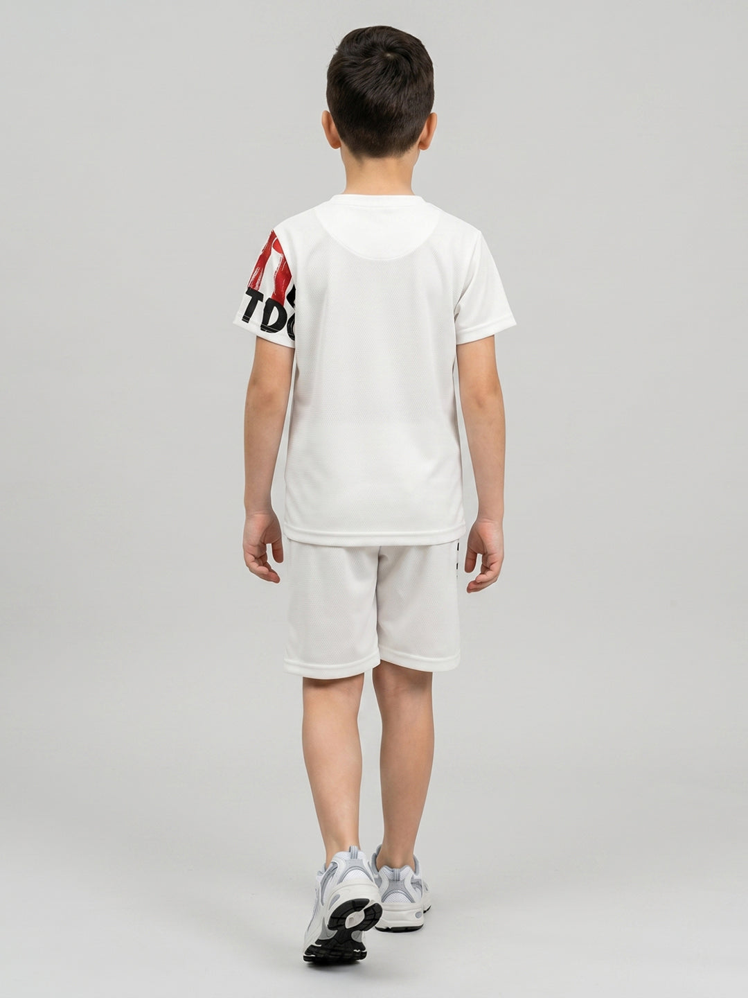 Boys White Printed Round Neck Half Sleeve Cords Set
