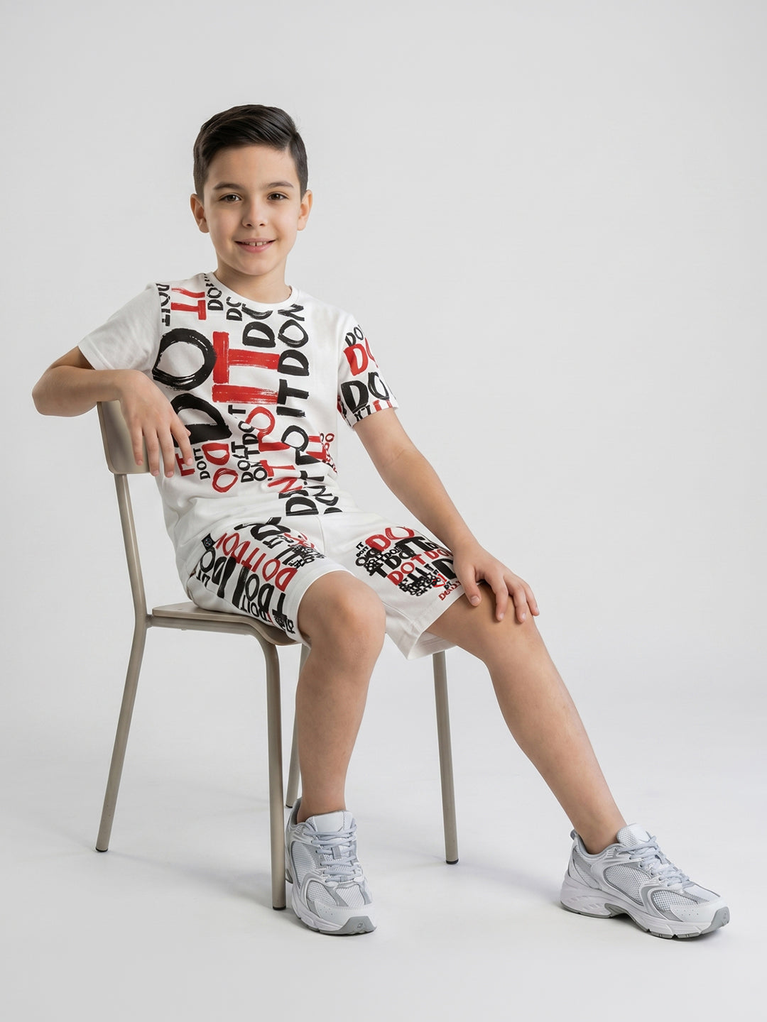 Boys White Printed Round Neck Half Sleeve Cords Set