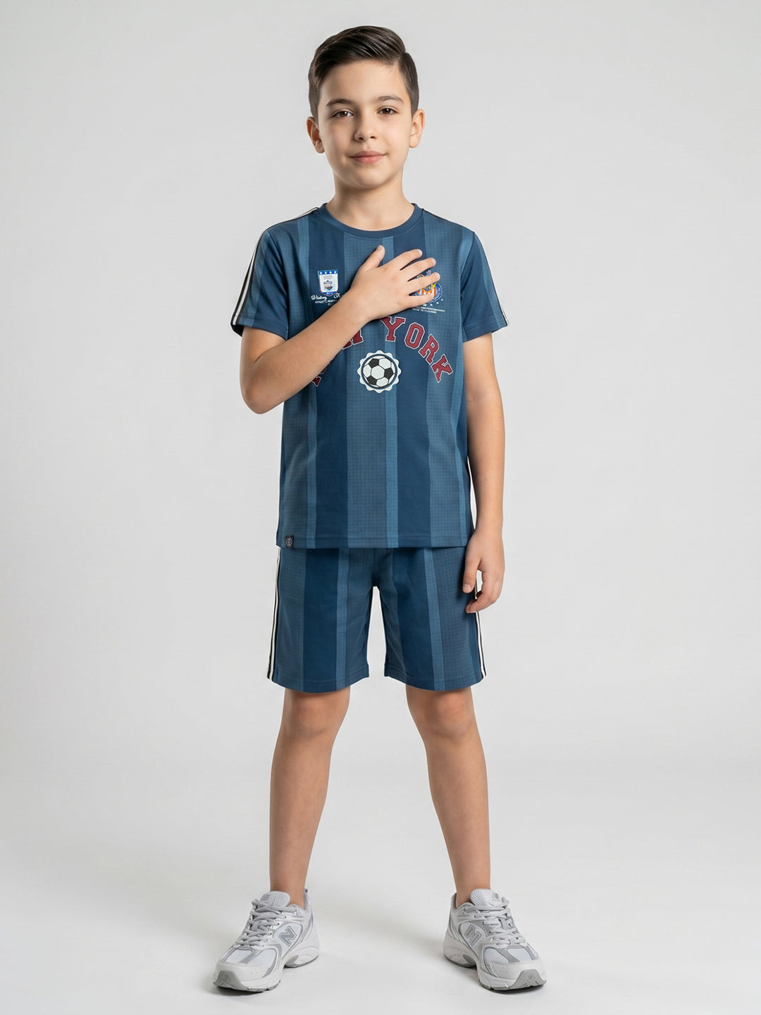 Boys Navy Blue Printed Round Neck Half Sleeve Cords Set